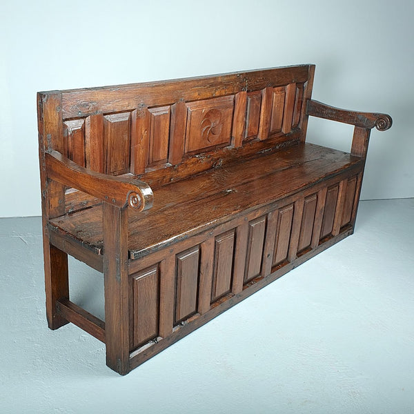 Large antique mixed wood choir bench, oak, elm and walnut