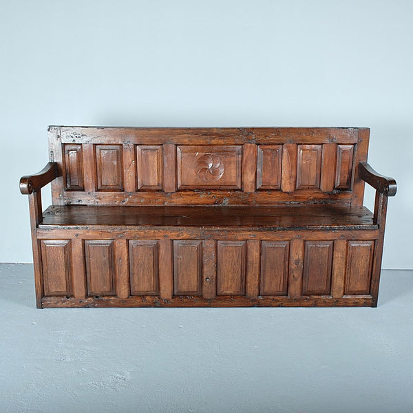 Large antique mixed wood choir bench, oak, elm and walnut
