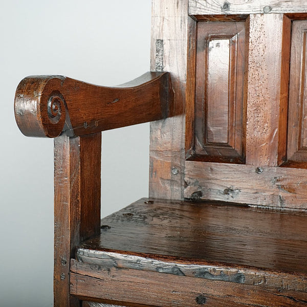 Large antique mixed wood choir bench, oak, elm and walnut