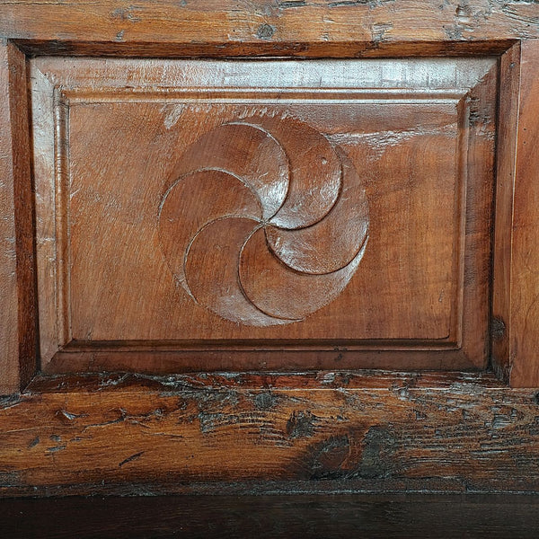 Large antique mixed wood choir bench, oak, elm and walnut