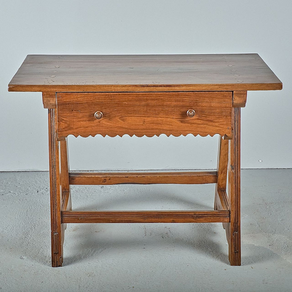 Antique trestle leg game dressing table with scalloped drawer, walnut