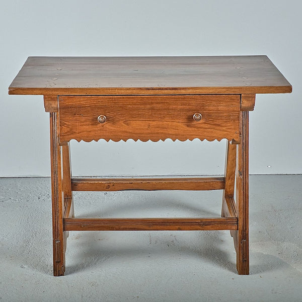 Antique trestle leg game dressing table with scalloped drawer, walnut