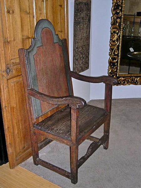Antique polychromed friar's chair with arms, chestnut