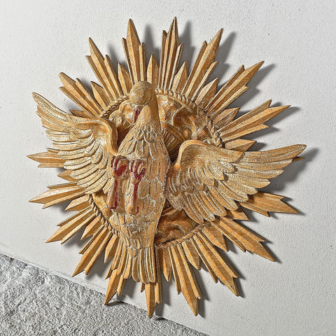 Antique carved and painted wood sculpture of the Holy Spirit with rays of God