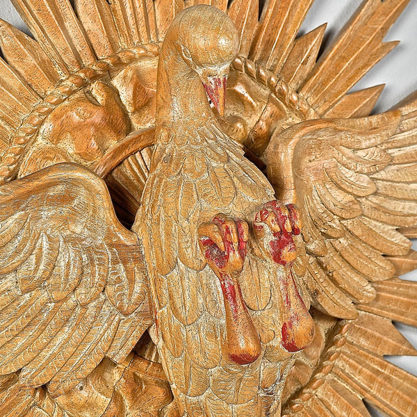 Antique carved and painted wood sculpture of the Holy Spirit with rays of God