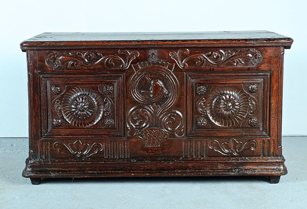 Antique carved Basque dowry chest, pine