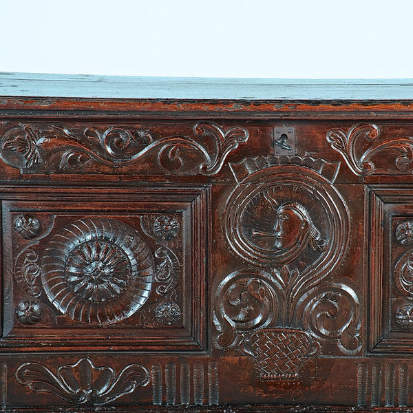 Antique carved Basque dowry chest, pine