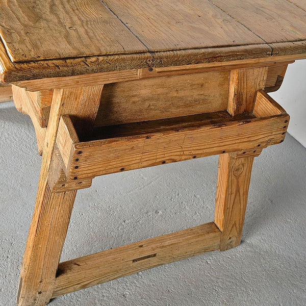 Antique scalloped skirt trestle leg table with drawer