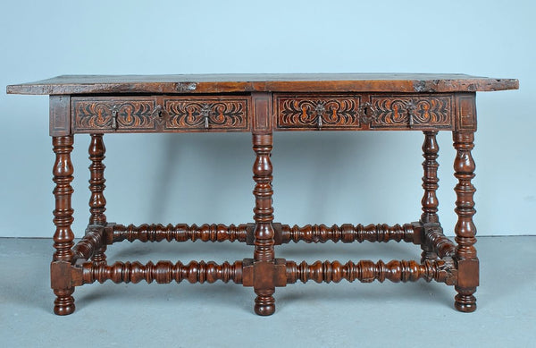 Antique turned six leg, two-drawer inlaid library table