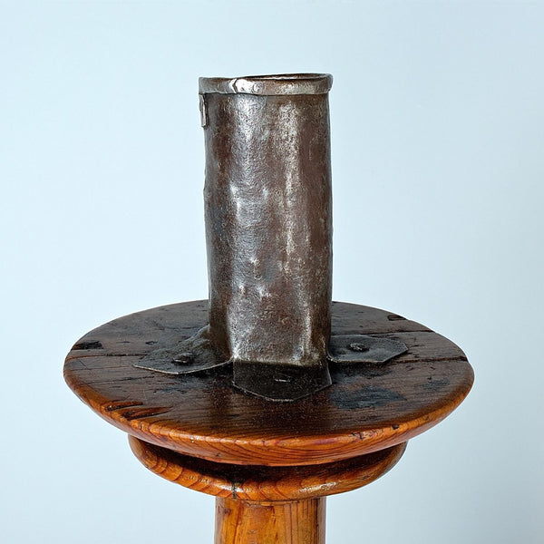 Antique pair of large turned floor candlesticks, pine