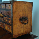 Antique inlaid vargueño on lentil leg table with iron stretchers