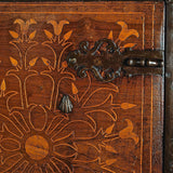 Antique inlaid vargueño on lentil leg table with iron stretchers