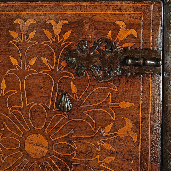 Antique inlaid vargueño on lentil leg table with iron stretchers