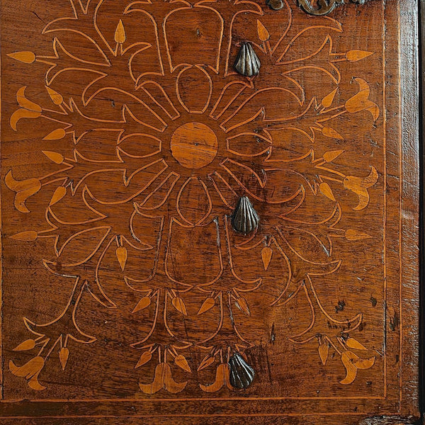 Antique inlaid vargueño on lentil leg table with iron stretchers