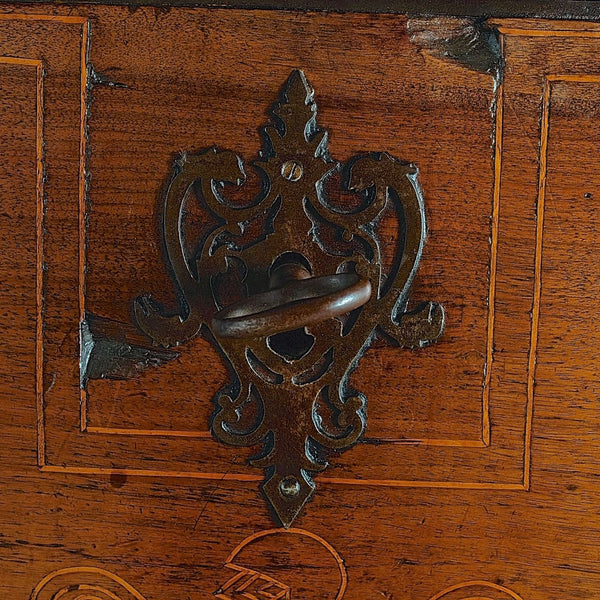Antique inlaid vargueño on lentil leg table with iron stretchers