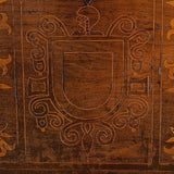 Antique inlaid vargueño on lentil leg table with iron stretchers