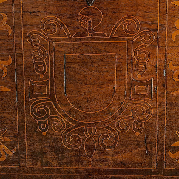 Antique inlaid vargueño on lentil leg table with iron stretchers