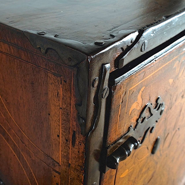 Antique inlaid vargueño on lentil leg table with iron stretchers
