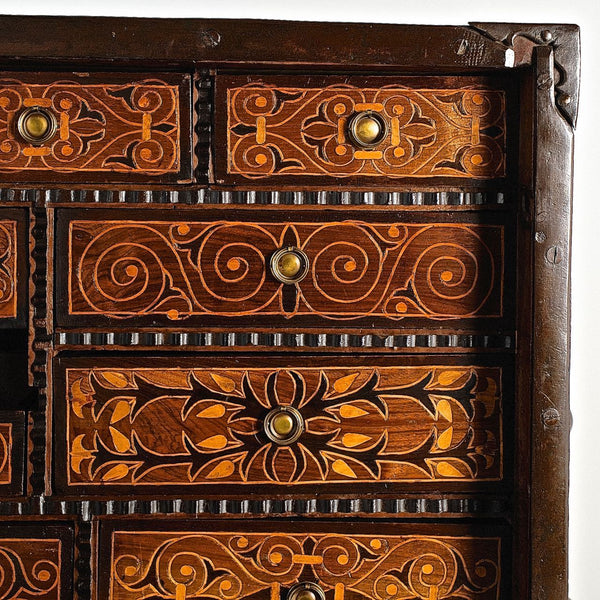 Antique inlaid vargueño on lentil leg table with iron stretchers