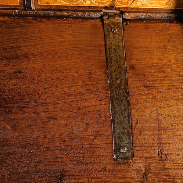 Antique inlaid vargueño on lentil leg table with iron stretchers