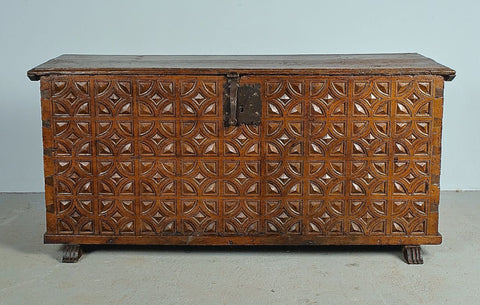 Antique carved Basque dowry chest, oak