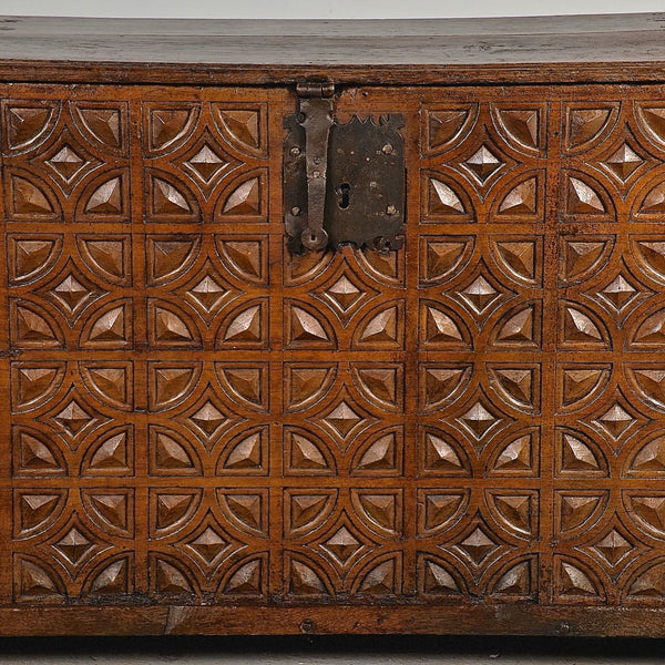 Antique carved Basque dowry chest, oak