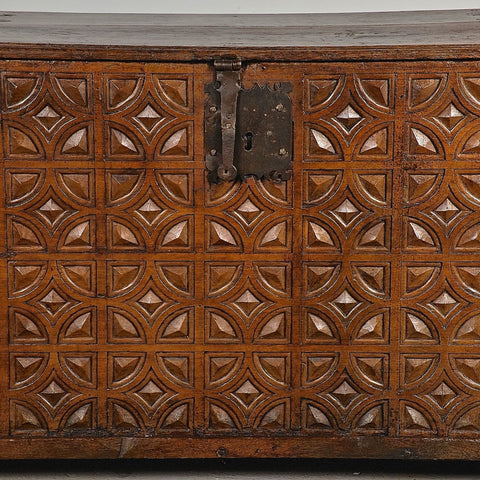 Antique carved Basque dowry chest, oak