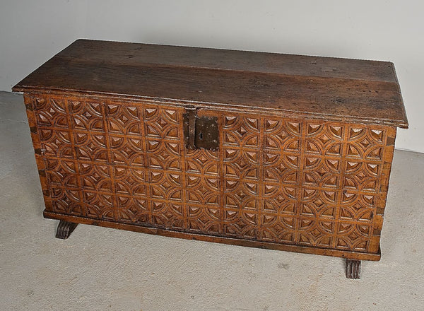 Antique carved Basque dowry chest, oak
