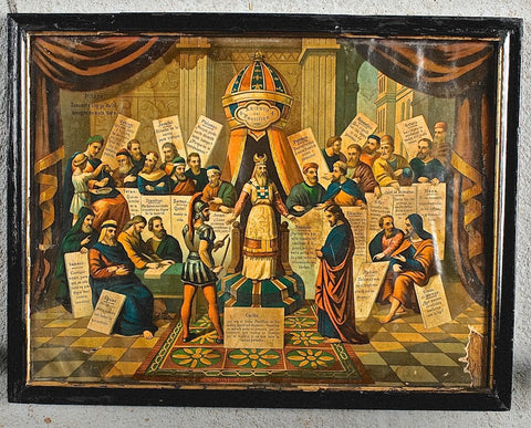 Antique framed etching of Christ in the Temple