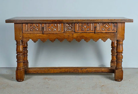 Antique carved two-drawer scalloped skirt library table, walnut