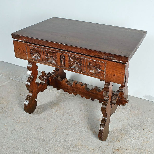 Antique scalloped stretcher lyre leg table with carved drawer, walnut