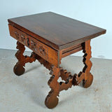 Antique scalloped stretcher lyre leg table with carved drawer, walnut