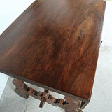 Antique scalloped stretcher lyre leg table with carved drawer, walnut
