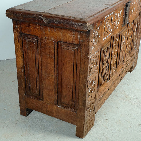 Antique carved Basque arms chest, oak