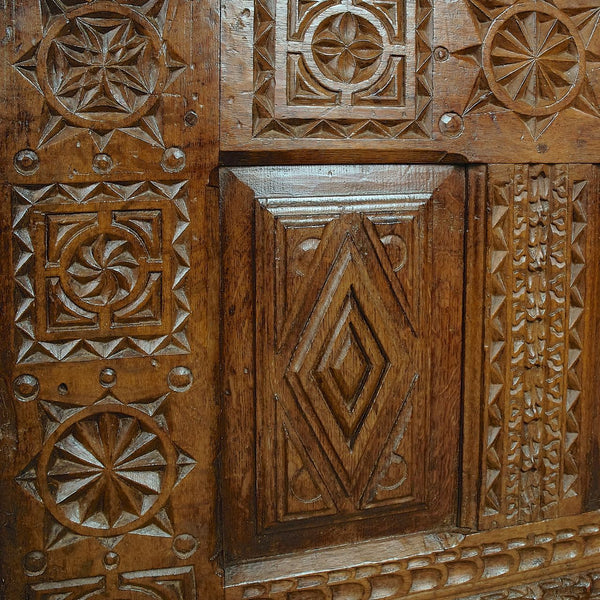Antique carved Basque arms chest, oak