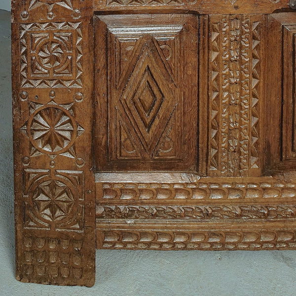 Antique carved Basque arms chest, oak