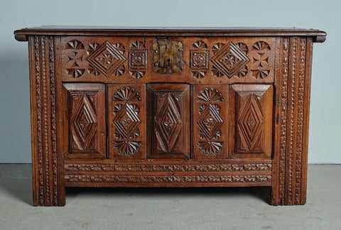 Antique carved Basque arms chest, oak