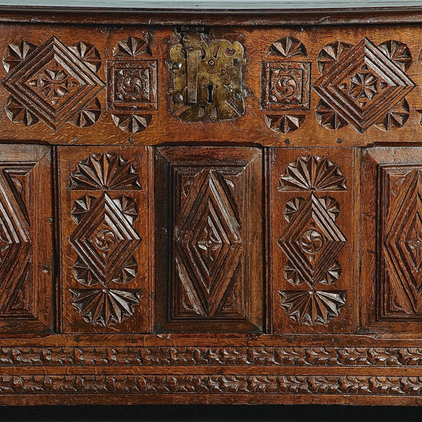 Antique carved Basque arms chest, oak