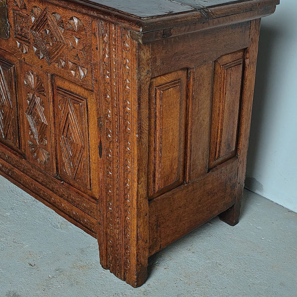 Antique carved Basque arms chest, oak