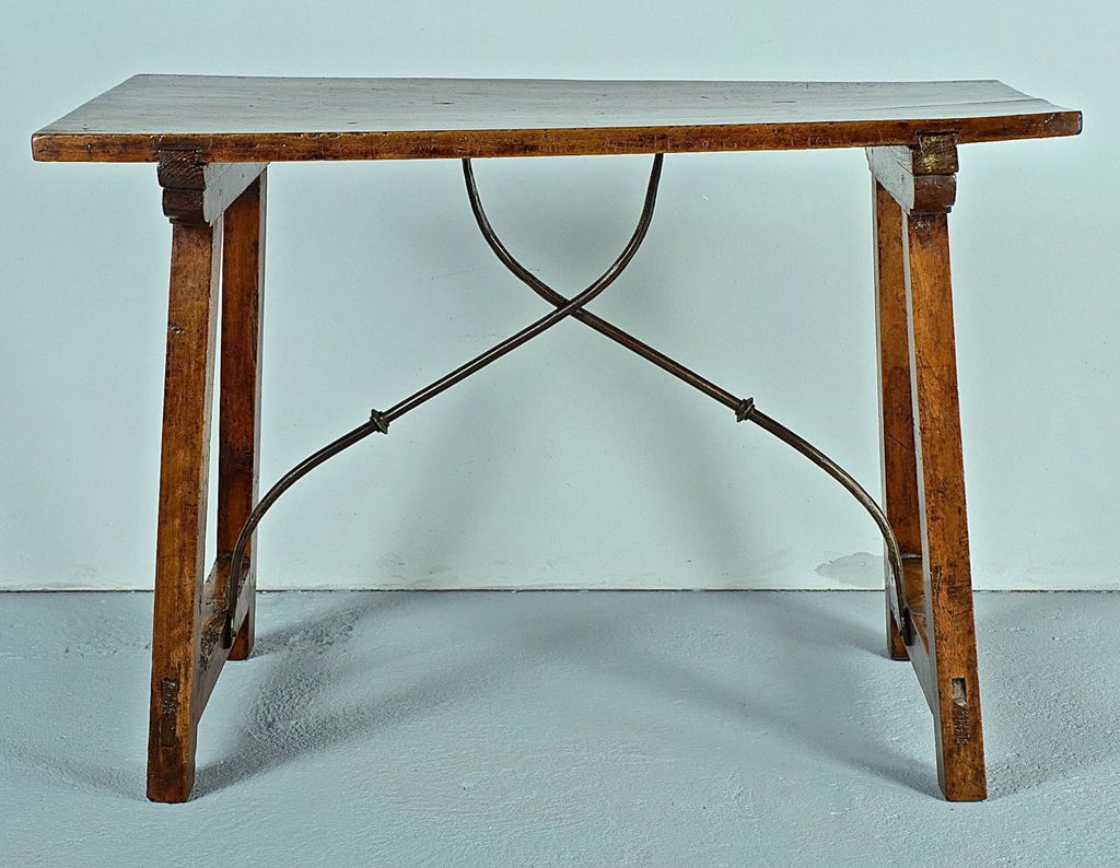 Antique single board top trestle leg library with iron stretchers