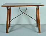 Antique single board top trestle leg library with iron stretchers