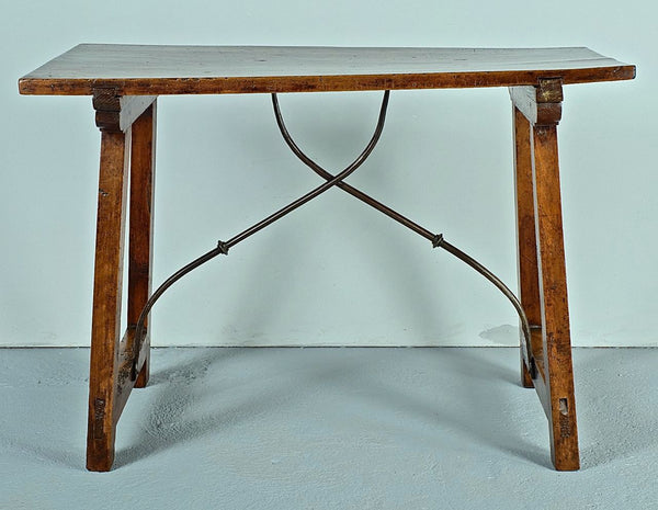 Antique single board top trestle leg library with iron stretchers