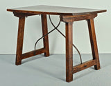 Antique single board top trestle leg library with iron stretchers