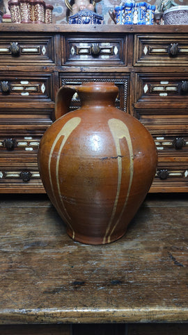 Antique braided two-handle semi-glazed terracotta olive oil jar