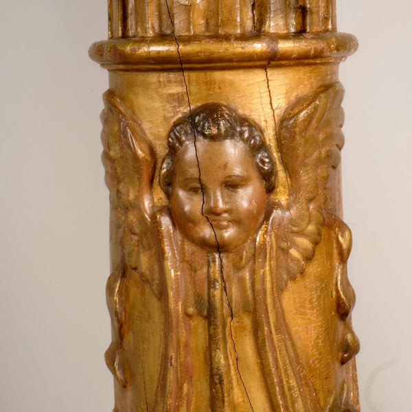 Antique pair of carved and gilt wooden columns, pine