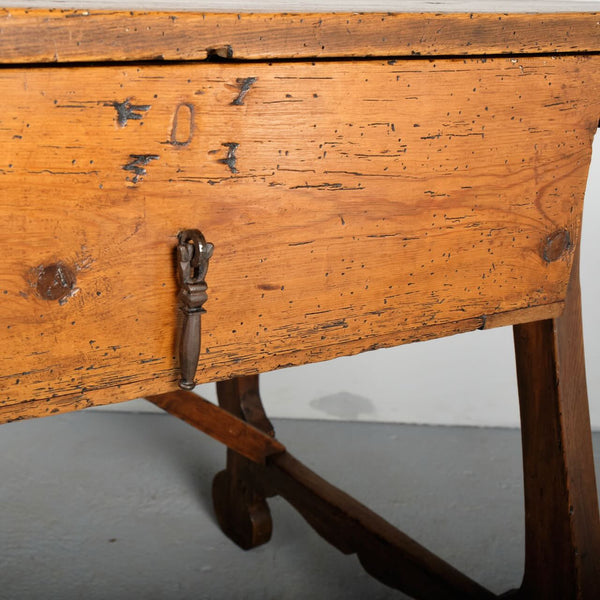 Antique lyre leg work table with drawer, pine