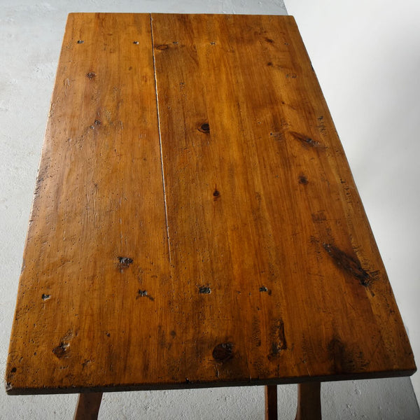 Antique lyre leg work table with drawer, pine