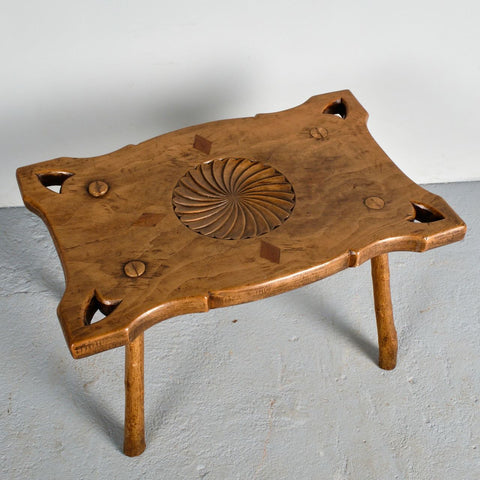 Antique carved walnut top Basque shepherd’s table