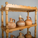 Antique two-tier, six hole water jug stand with original clay jugs, pine