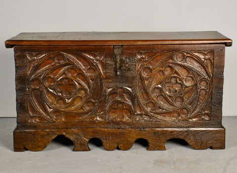 Antique carved Neo-Gothic chest, chestnut and oak
